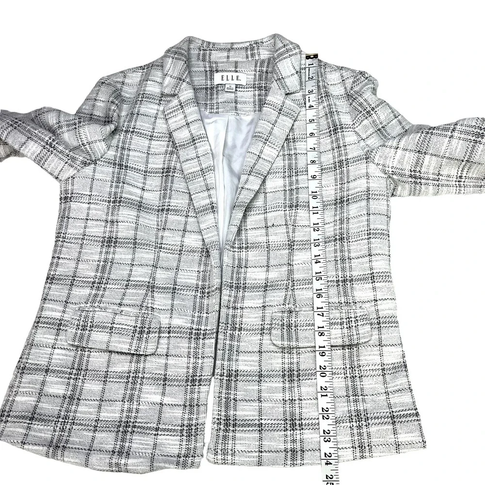 Elle Open Front White Black Plaid Blazer Jacket Womens Size M (R10376)‎